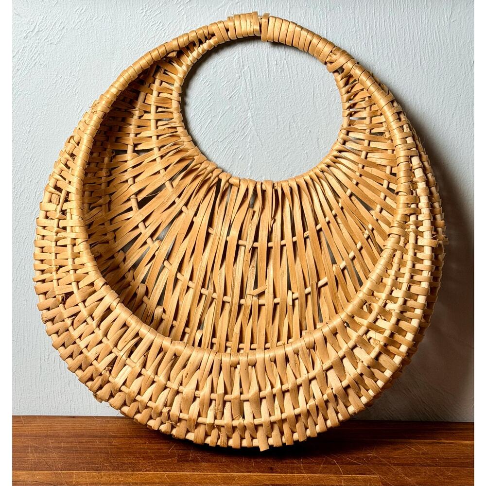 1970s Woven Wicker Wall Basket: Round Boho Farmhouse Decor (13-14" Tall) - Picture 5 of 10